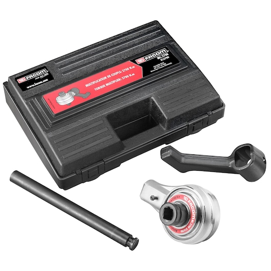 Facom MC_270B torque multiplier set with black carrying case, handle, extension bar, and multiplier tool, angled view.