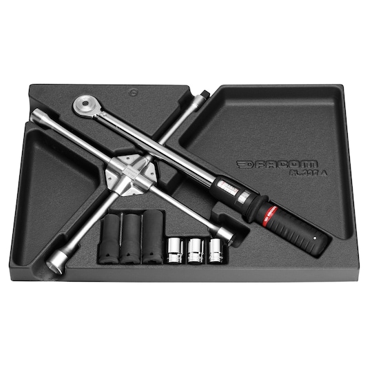 Facom MOD_208 torque wrench and socket set tray on white background, black molded storage insert.