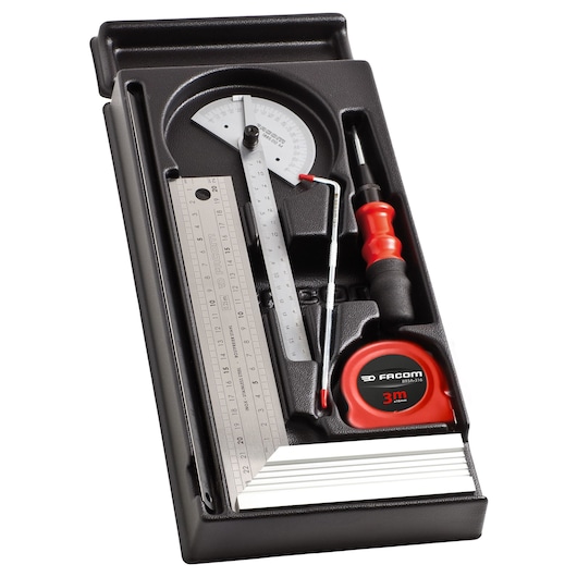 Facom MOD_234 measuring tool set with protractor, ruler, tape measure, screwdriver, and picks in black tray, top view.