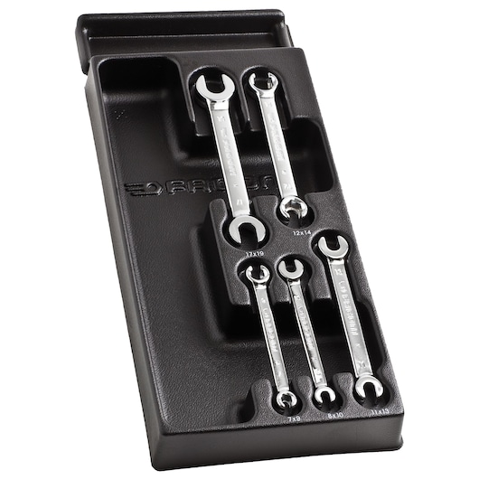 Facom MOD.43PB set of five combination wrenches in black plastic tray, top angle on white background.