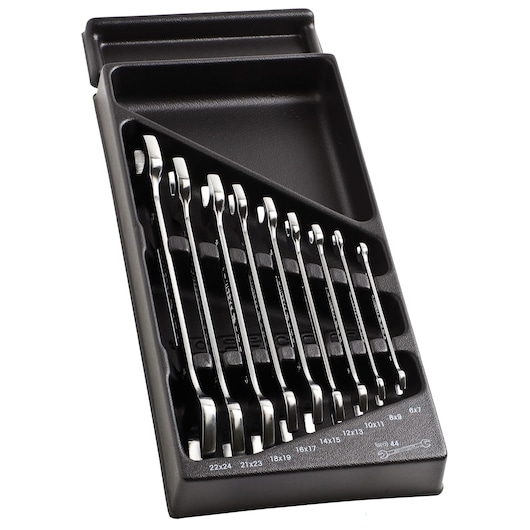Facom MOD44-1 combination wrench set in black tray, photographed at an angle on a white background.