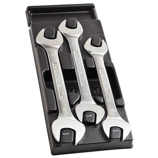 Facom MOD_44-2 photography of three open-end wrenches in black tray, top-down angle.