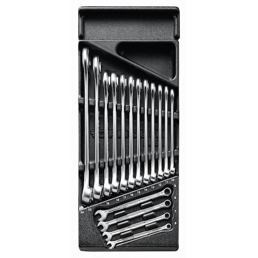 Facom MOD.440-1PB wrench set in black tray, top view, with multiple chrome combination wrenches organized by size.
