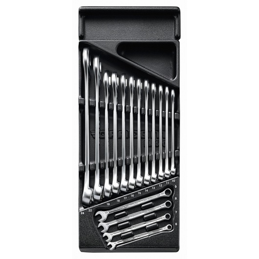 Facom MOD440-1 wrench set in black tray, top-down angle, includes multiple chrome wrenches in various sizes.