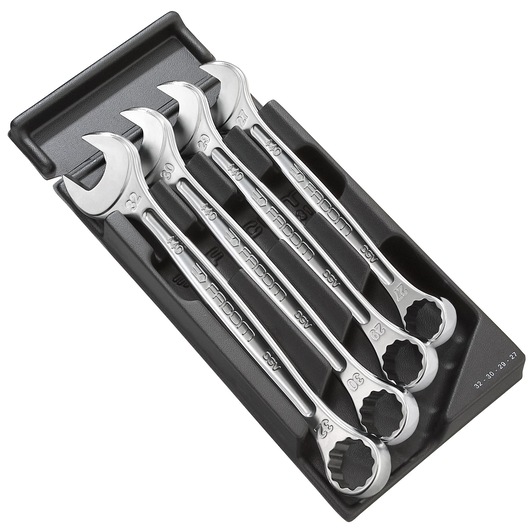 Facom MOD.440-2PB set of four chrome combination wrenches in black tray, product photo, angled view.