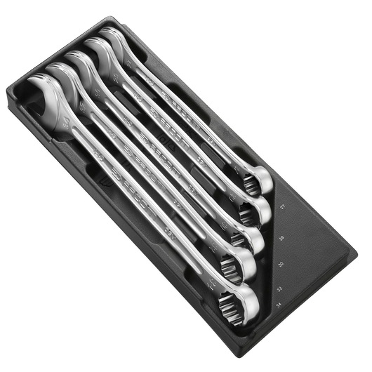 Facom MOD.440-2XLPB photography showing six silver combination wrenches in a black tray, angled view.