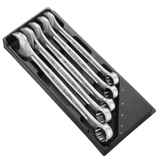 Facom MOD_440-2XL set of five combination wrenches in black tray, angled view.