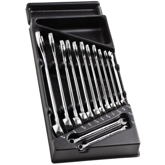 Facom MOD.440-4PB wrench set with 12 chrome combination wrenches in a black plastic tray, angled top view.