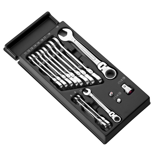 Facom MOD.467BFJ12PB ratcheting combination wrench set with 12 pieces in black tray, angled view.
