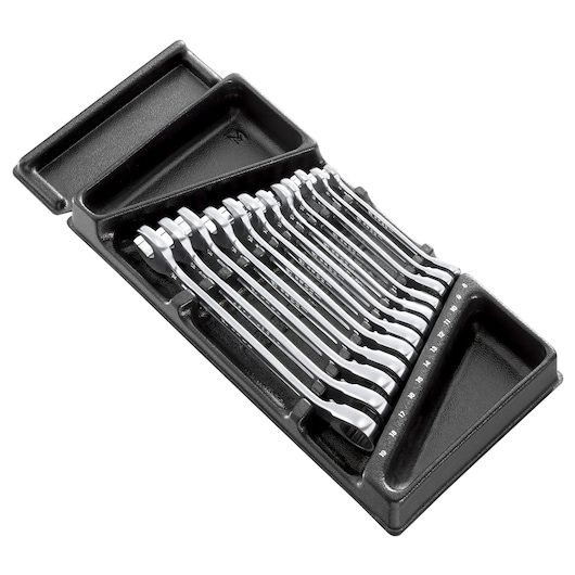 Facom MOD.467BJ12PB combination wrench set of 12 pieces in black tray, angled top view.