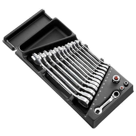 Facom MOD.467BJ13PB ratcheting wrench set in black tray, top angled view, silver finish tools aligned in holder.