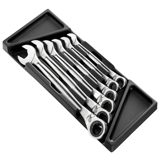 Facom MOD.467BXLPB set of six ratcheting combination wrenches in a black tray, angled top view.
