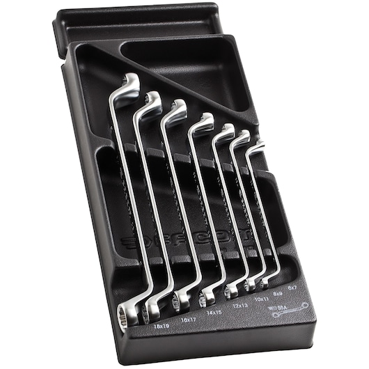Facom MOD55-1 set of six offset ring wrenches in a black tray, angled view on white background.