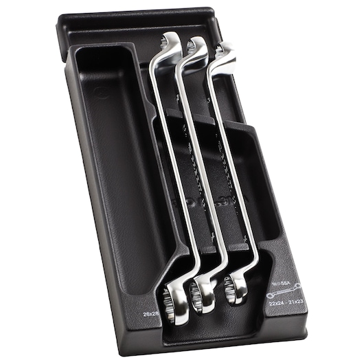 Facom MOD_55-2 photography of three chrome combination wrenches in a black modular tray, angled view.