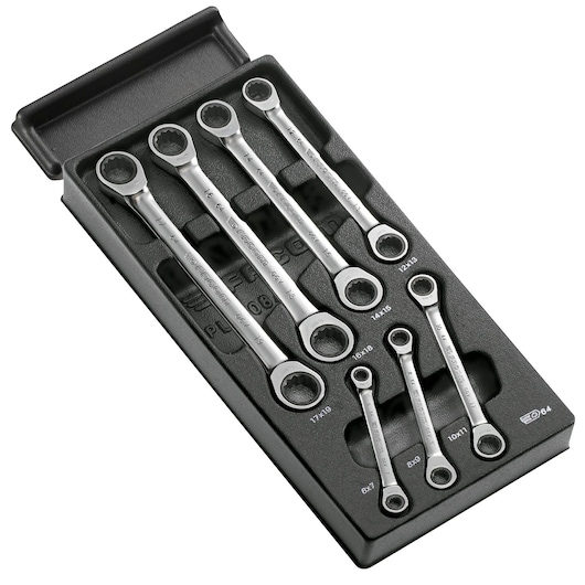 Facom MOD_64J7 ratcheting combination wrench set, seven pieces, in black tray, photographed at an angle.