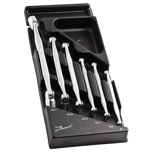 Facom MOD_66A-1 ratcheting double box wrench set in black tray, top angle photo.