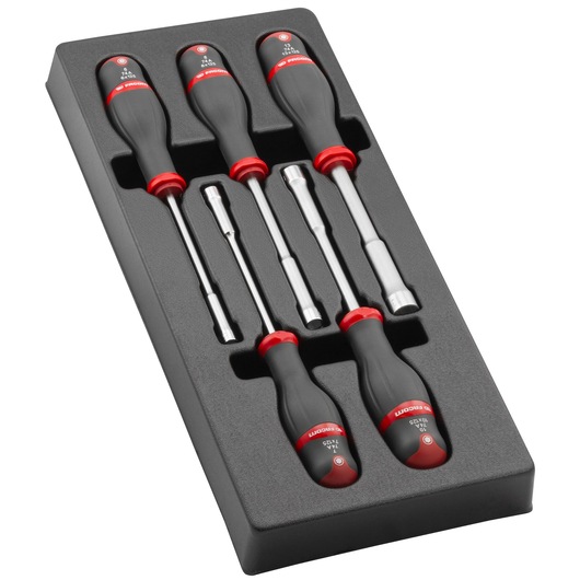 Facom MOD.74AJ5 nut driver set with five red and black handle drivers in foam tray, angled on white background.