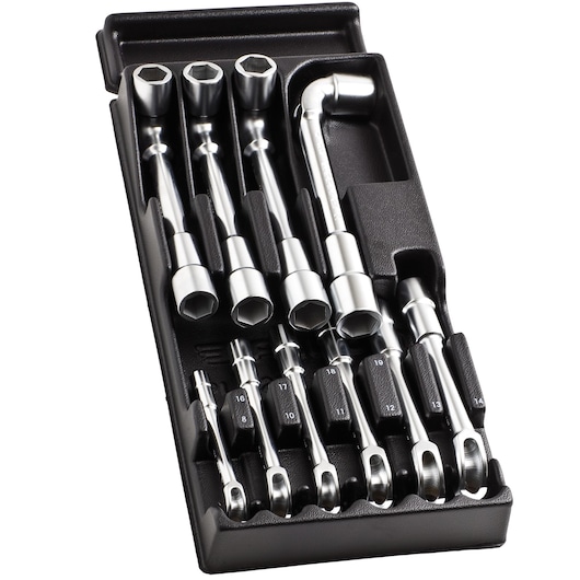 Facom MOD.75-1PB box with polished chrome socket wrenches and breaker bar, top angle on white background.