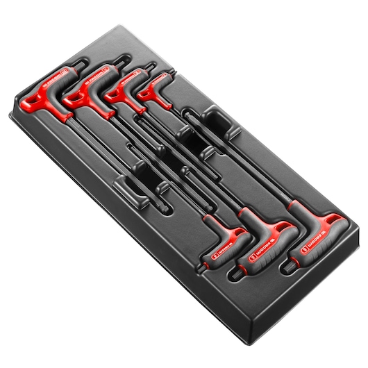 Facom MOD.84TZSAPB set of red and black T-handle hex keys in black tray, angled view, photography product.