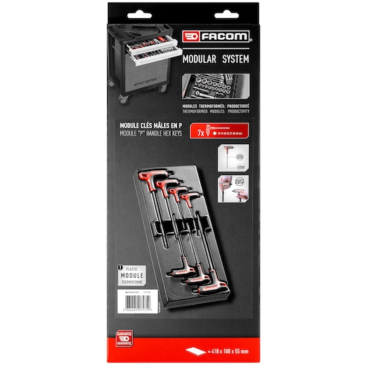 Facom MOD.89TXAPB modular system packaging with seven P handle hex keys in a black plastic tray, top-down angle.