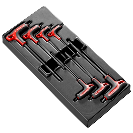 Facom MOD_89TXA T-handle hex key set with red and black handles in a black tray, angled product photo.