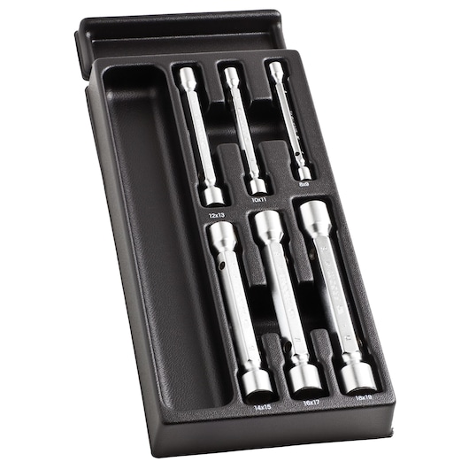 Facom MOD_97 socket wrench set in black tray, six chrome wrenches of various sizes, top angle on white background.