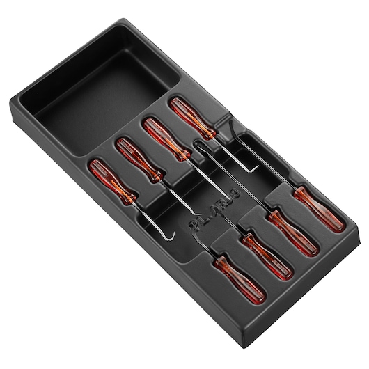 Facom MODARCJ8L set of 8 hook and pick tools with red handles in a black tray, angled view.
