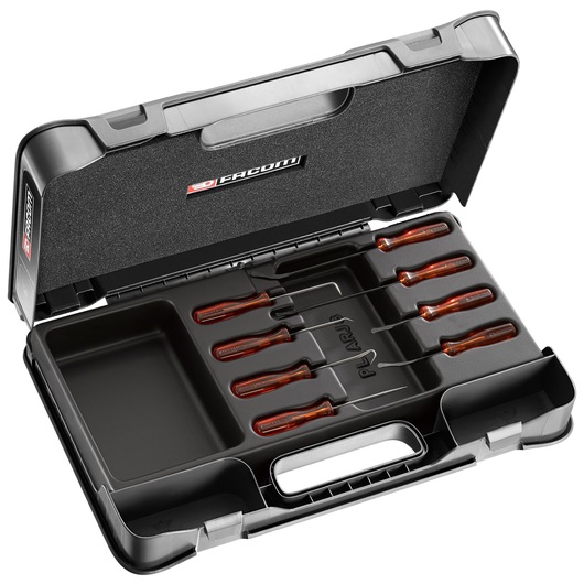 Facom MODARCJ8L pick and hook set with eight tools in brown handles, arranged in a black hard case, top view.