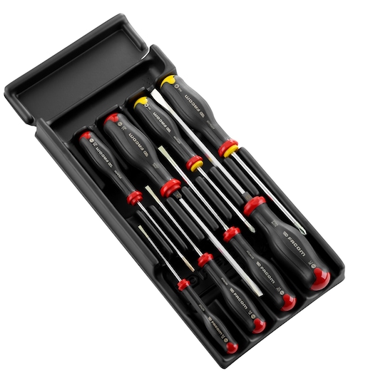 Facom MOD_AT1PB screwdriver set in black tray, assorted sizes and colors, top angle, SKU MOD_AT1PB.