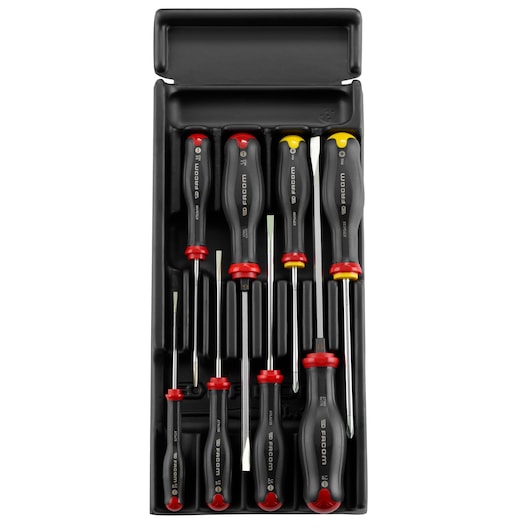 Facom MOD_AT1PB screwdriver set in black tray, top view, assorted handles and blade types.