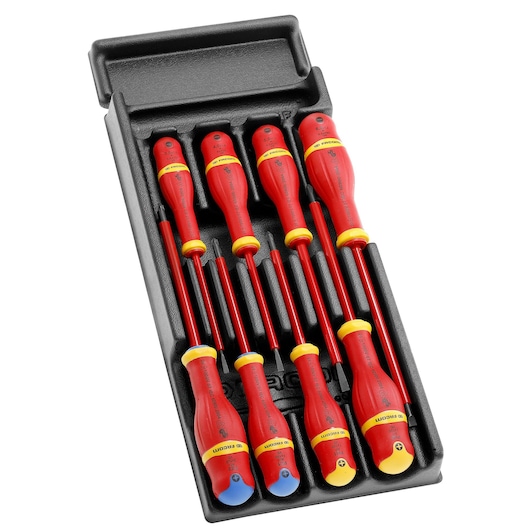 Facom MOD_AT1VE insulated screwdriver set in black tray, top angle, red handles with yellow and blue accents.