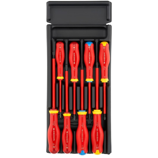 Facom MOD_AT1VE insulated screwdriver set in black tray, top view photography showing ten red handled tools.