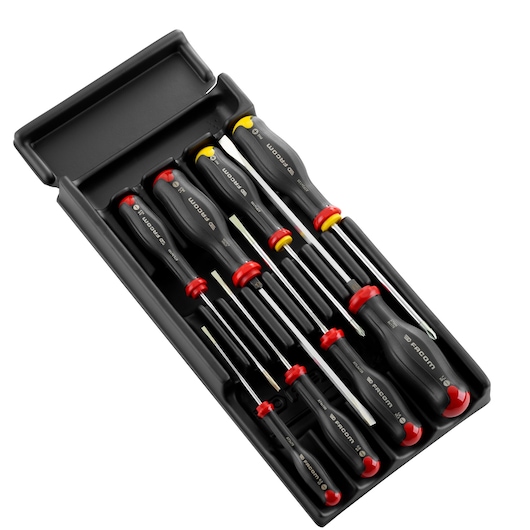 Facom MOD_AT1 screwdriver set with black and red handles in a black tray, photographed on a white background.