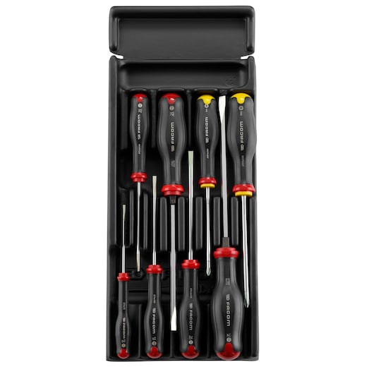 Facom MOD_AT1 screwdriver set in black tray, assorted handles, top-down angle.