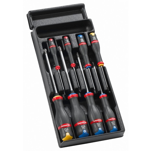 Facom MOD_AT2 screwdriver set, nine pieces with black handles, colored collar markings, in black tray, top view.