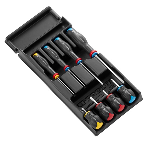 Facom MOD_AT3PB screwdriver set tray, assorted sizes and colored handles, top view, photography.