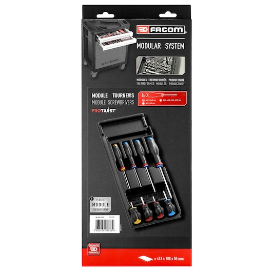 Facom MOD_AT3PB modular screwdriver set in black plastic thermoformed tray, top-down angle.