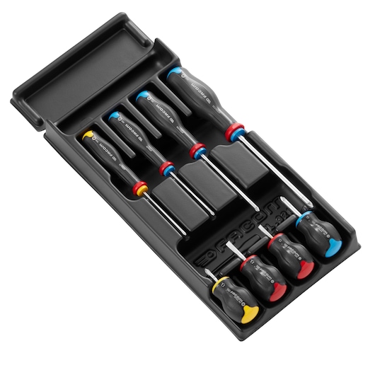Facom MOD_AT3 screwdriver set with color-coded handles in black tray, top angle photo.
