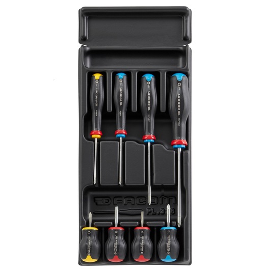 Facom MOD_AT3 screwdriver set tray, black handles with colored rings, top-down angle.