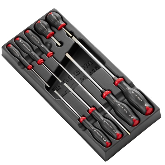 Facom MOD_AT4PB screwdriver set tray with eight black and red screwdrivers, top angle, white background.