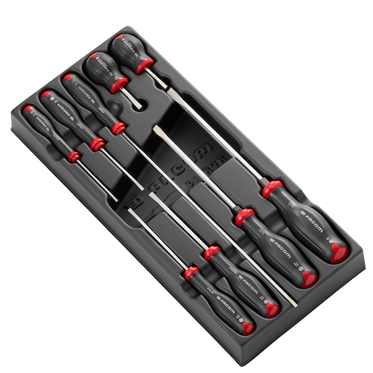 Facom MOD_AT4 screwdriver set in black tray, angled view, red and black handles with Facom branding.