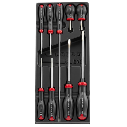 Facom MOD_AT4 screwdriver set with black and red handles, tray photography, top view.