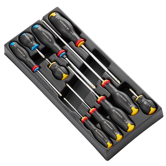 Facom MOD_AT5PB screwdriver set with black and yellow handles in a tray, photography angled on white background.