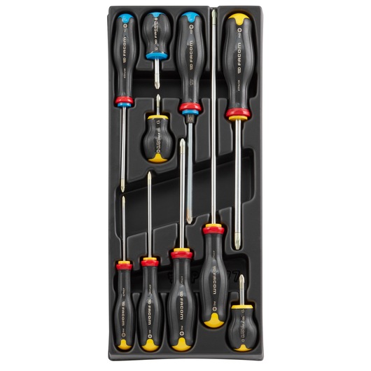 Facom MOD_AT5 screwdriver set with assorted sizes in black tray, photo from top view.