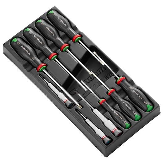 Facom MOD_AT6PB screwdriver set in black tray, six screwdrivers with black and red handles, top-down angle.