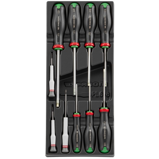 Facom MOD_AT6PB screwdriver set tray, top view, assorted sizes with black and white handles.