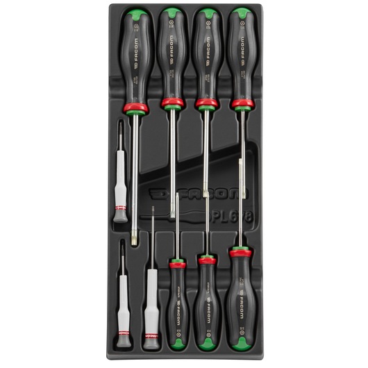 A tray containing a set of ten screwdrivers with various sizes and handle designs, organized neatly in a black plastic holder. The screwdrivers appear to be from the Facom brand, with a combination of black and red or black and green handles.