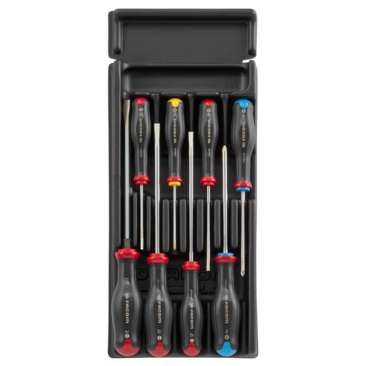 Facom MOD_AT7PB screwdriver set in black tray, top view, assorted handle colors, photography category.