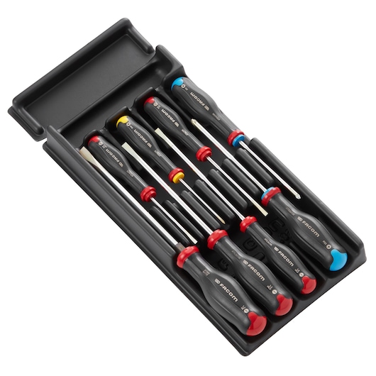 Facom MOD_AT7 screwdriver set in black tray, multicolor accents, top angle, product photography
