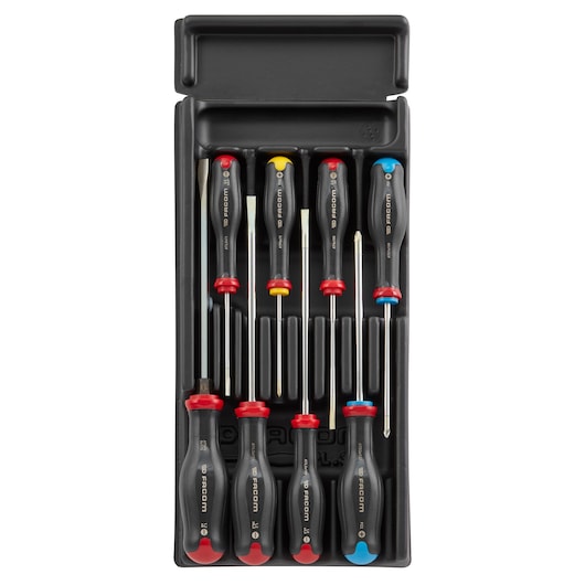Facom MOD_AT7 screwdriver set with ergonomic handles in a black tray, photographed from above.